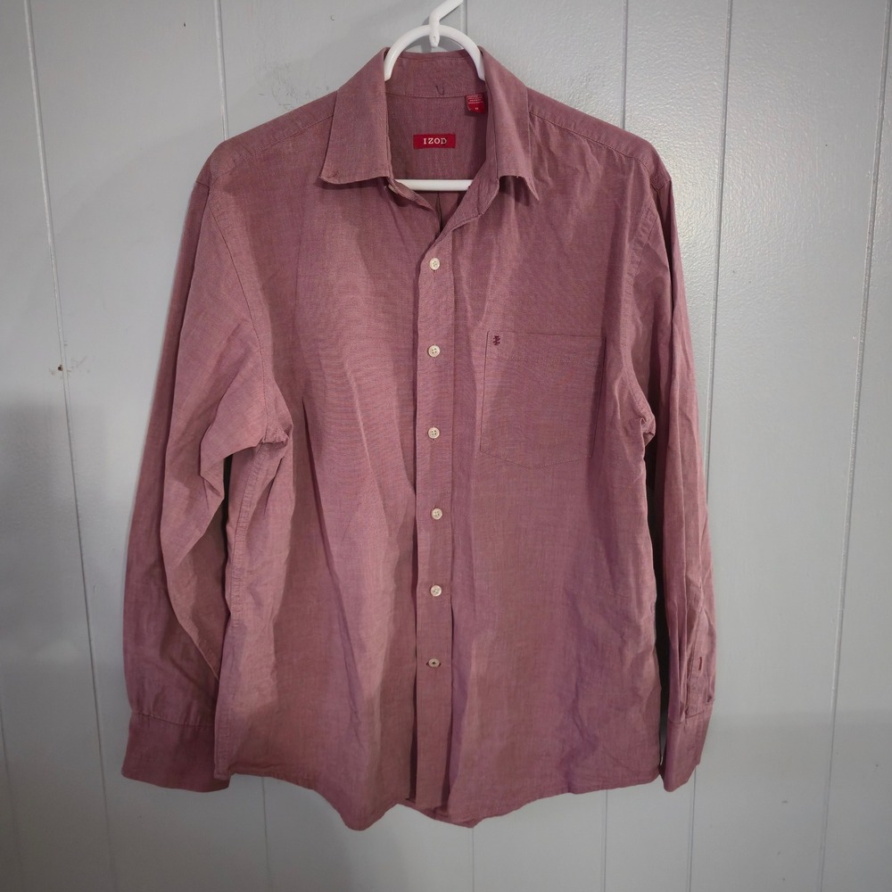 IZOD Button Down Shirt Mens Medium Burgundy Long‎ Sleeve Textured Pocket
